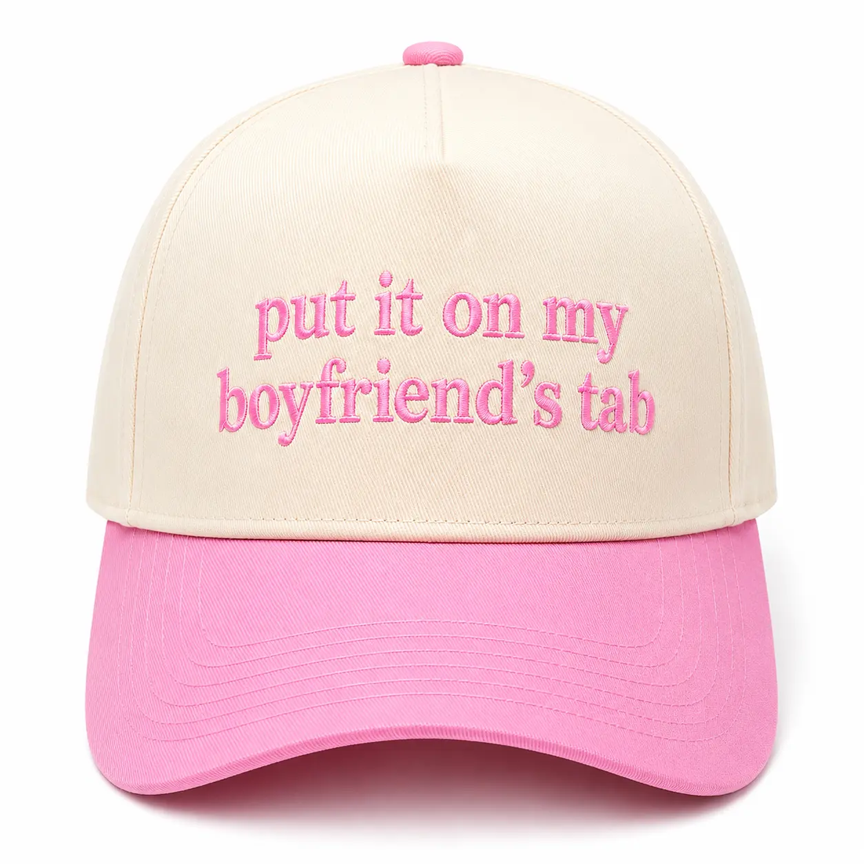 Women's Pink Embroidered Trucker Hat - "Put It On My Boyfriend’s Tab" Design, Vintage 2-Tone Snapback, Trendy Western Style Hats for Women