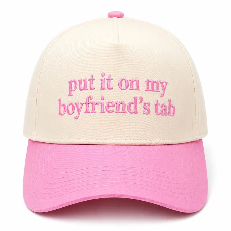 Women's Pink Embroidered Trucker Hat - "Put It On My Boyfriend’s Tab" Design, Vintage 2-Tone Snapback, Trendy Western Style Hats for Women