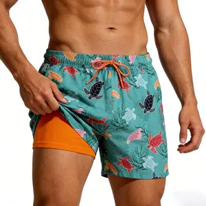 Mens Swim Trunks with Compression Liner Stretch Beach Shorts Quick Dry with Pockets & Adjustable Drawstring- Board Shorts