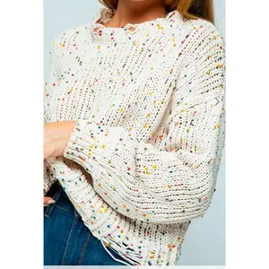 Janys - Chenille popcorn speckles distressed pullover crop sweater