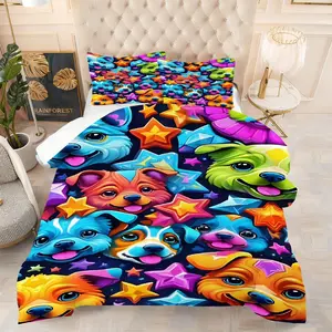 2/3Pcs Dog Faces Comforter Set, Cartoon Printed Bedding, Cartoon-Style Bedding Set with Colorful Dog Breeds and Stars, Bedroom Decor for Kids and Dog Lovers, Soft Cozy Quilt Perfect for Any Bedroom 1 or 2 Pillowcase No Pillow Core