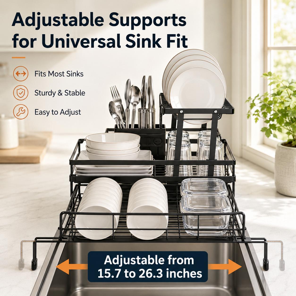 Snofrid Foldable Over Sink Dish Drying Rack｜Pull-Out 2-Tier Dish Drainer with Utensil Holder｜Space Saving Kitchen