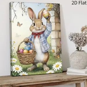 1 Framed Canvas Wall Art Featuring Floral Rabbit and Easter Egg Basket -  High-Definition Canvas Decorative Painting 11.8* 15.7inch  with Wooden Framing - Modern Home Decor, Can Be Directly Hung in Living Room, Bedroom