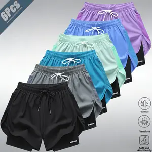 6-pack unisex faux two-piece quick-dry athletic shorts with anti-exposure design; American professional running/fitness style. Ice-cool, breathable, skin-friendly fabric that feels cool, wicks sweat, doesn’t cling, and has an elastic drawstring waistband