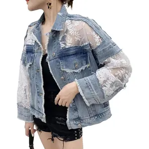 Women's See Through Floral Embroidery Lace Crop Denim Jacket Ripped Distressed Jean Jacket