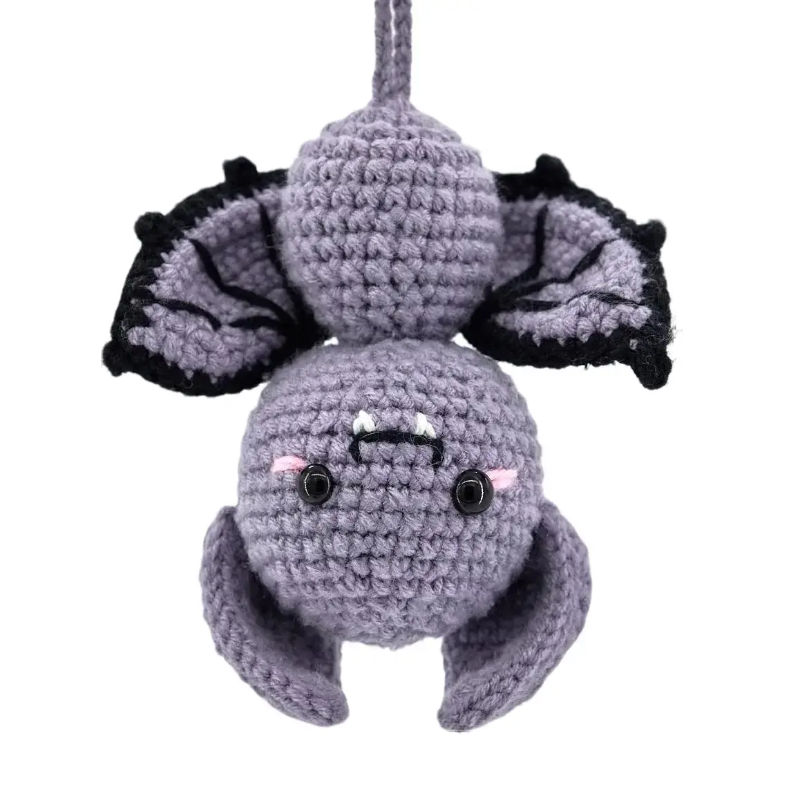 Handmade Crochet Bat Car Hanging - Adorable Gray Bat with Black Wings, Pink Ears - Hallowen Item for Kids, Collectors