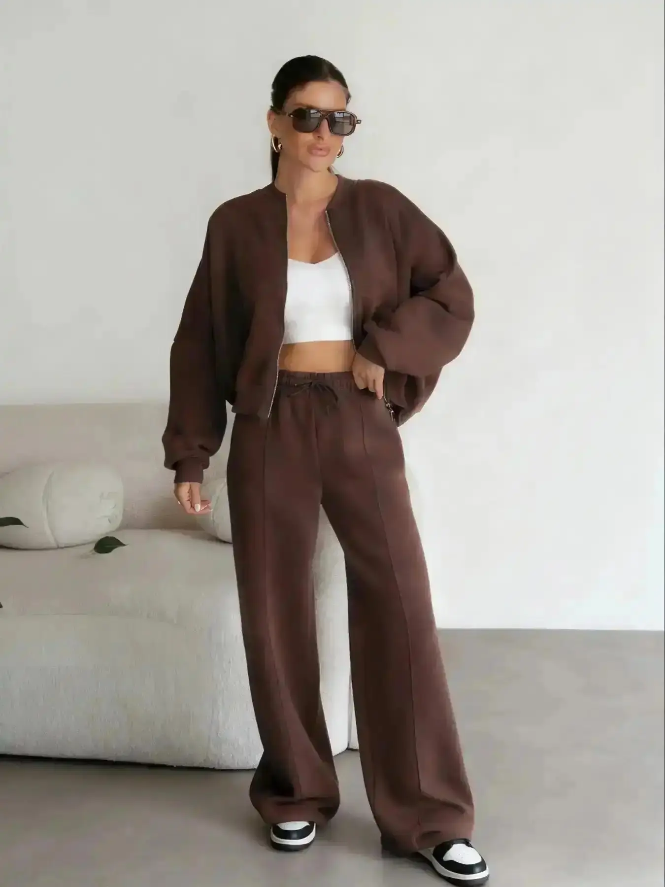 Leather Moto Jacket, Casual Basic Long Sleeve Zipper Short Jacket and Pants Matching Set, Sporty for All Seasons, Fitted Natural Waist Design, Outfit, Trendy, OOTD, Essential, Viral Fashion, Style, Summer Vibes