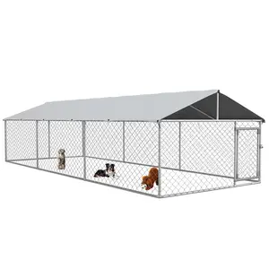 PawHut Large Dog Kennel Outside, Heavy Duty Dog Cage with Waterproof Cover, Outdoor Fence Dog Run with Galvanized Chain Link, Secure Lock, 19.7' x 7.5' x 4.9'