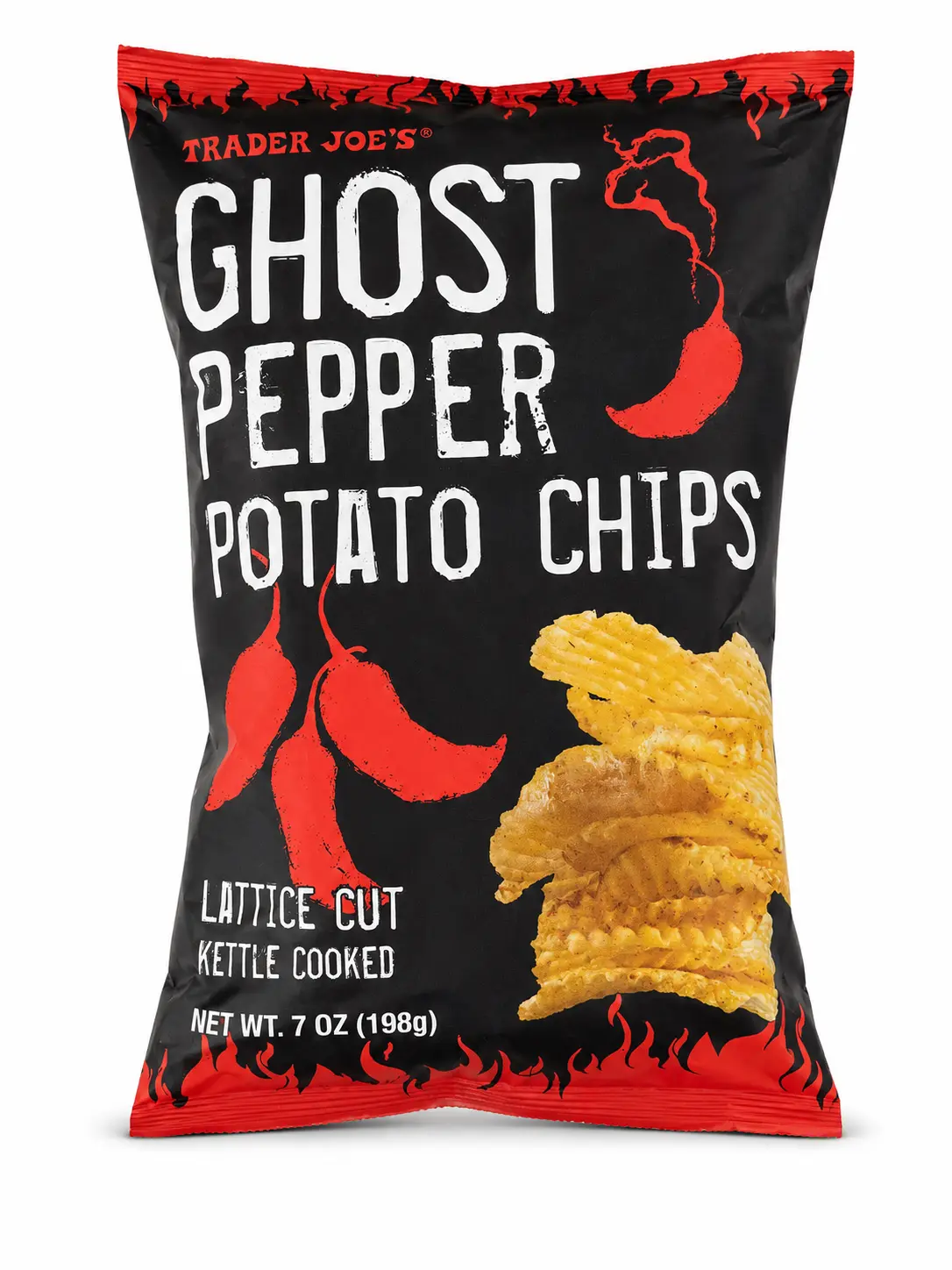 Trader Joe's Ghost Pepper Potato Chips Lattice Cut Kettle Cooked 7 oz Spicy Snack