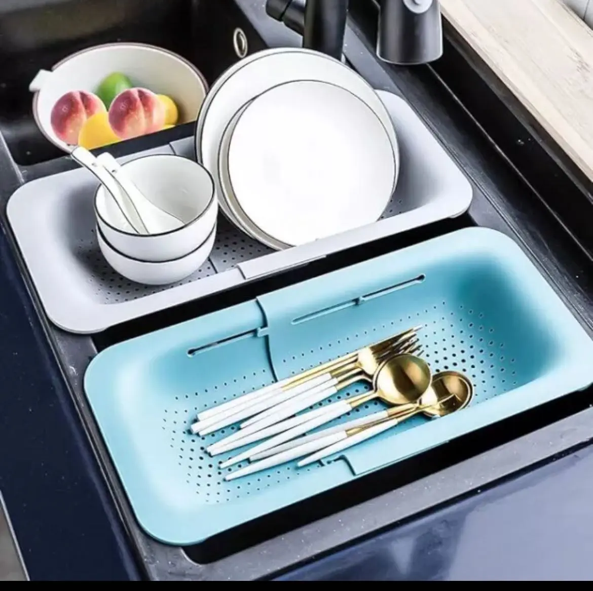 Adjustable Durable Plastic Kitchen Strainer Basket Set - Over-the-Sink Utensil Sink Sieve, Multi Functional Colander Filter with Draining Holes for Fruits, Vegetables