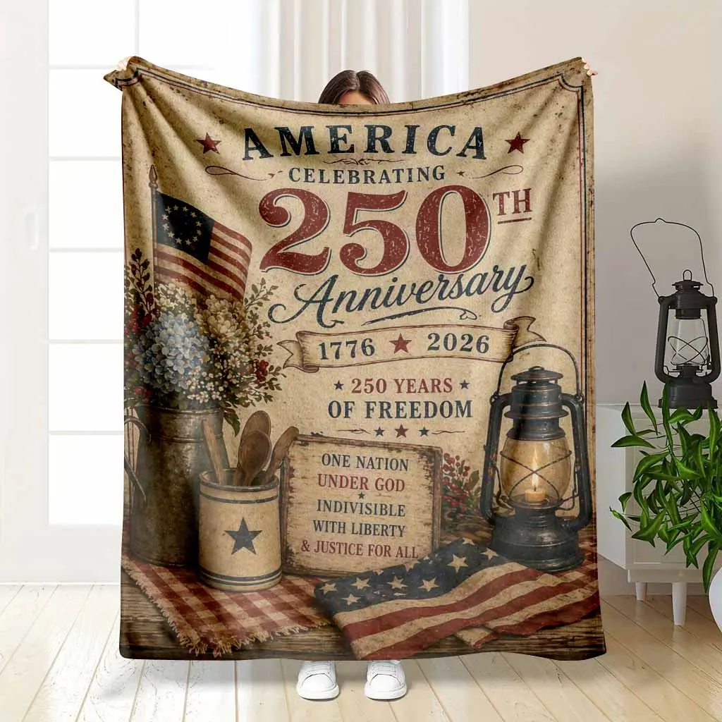 Patriotic American Flag 250th Anniversary Commemorative Flannel Blanket - Ultra Soft, Cozy, Warm, Durable Bed Sofa Blanket for American Independence Day Home Decor, Veterans Day Gift