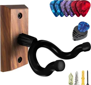 Guitar Wall Mount Hanger – U-Shape Black Walnut Holder with Pick Storage, Hardwood Guitar Stand with 6 Picks