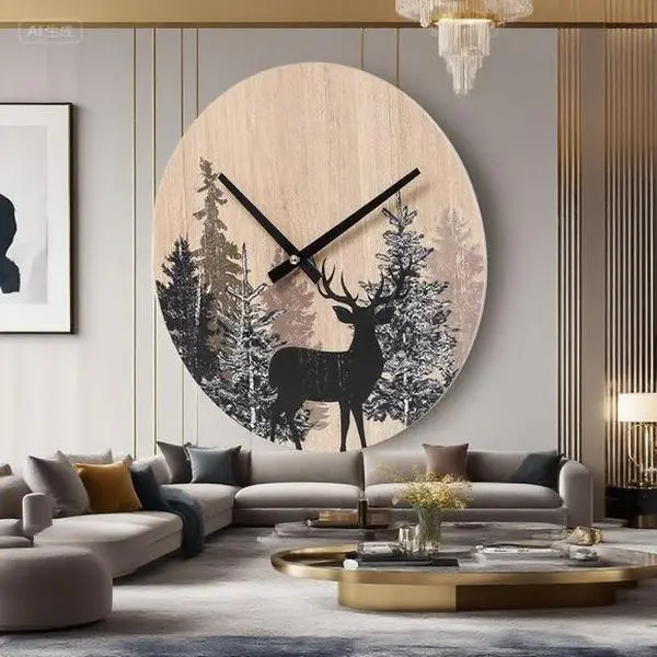 12-Inch Diameter Silent Non-Ticking Wooden Analog Clock, Forest Wildlife Deer Design, Eco-Friendly Rustic Vintage Home Decor, Battery-Operated for Mountain Lodge Living Room/Bedroom, Ideal Gift