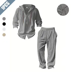 Men's Two-Piece Set Includes Solid Color Buttoned Hooded Shirt and Pants Breathable Regular Fit Casual Long-Sleeve V-Neck Top and Trousers Suitable for Beach Vacations Men's Four-Season Two-Piece Set Clothes Menswear Classic Outfit Day Matching