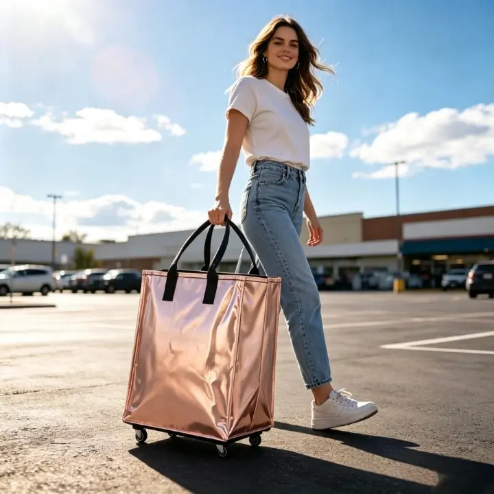 Foldable Rolling Shopping Bag with Wheels, Large Capacity Waterproof Reusable Grocery Tote, Collapsible Shopping Cart Bag with Zipper Closure, Heavy Duty Portable Utility Storage Organizer for Grocery, Laundry, Travel, Camping, Beach Moving 90 lb Capacity