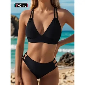 Women's Plain Cut Out Criss Cross Bikinis Set, Solid Double Strap Swim Top & High Waist Swim Bottom Swimsuit Set for Summer, Summer Outfits 2024, Women's Swimwear for Beach Holiday