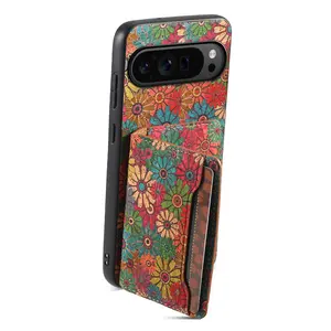 Denior Wallet Phone Case for Google Pixel 10/9/8/7/6 Pro/XL/Pro/A Series, Made of Cork Material, with Adhesive Card Holder (3 Card Slots, Fits 3-5 Cards), Floral Pattern, Phone Stand, Stylish and Practical