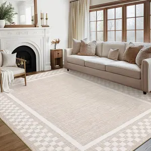 Garvee Area Rug 9x12 Living Room Rug Modern Bordered Soft Large Area Rugs for Bedroom Washable Checkered Dining Room Throw Carpet Non Slip Stain Resistant Geometric Rugs for Home Office, Beige