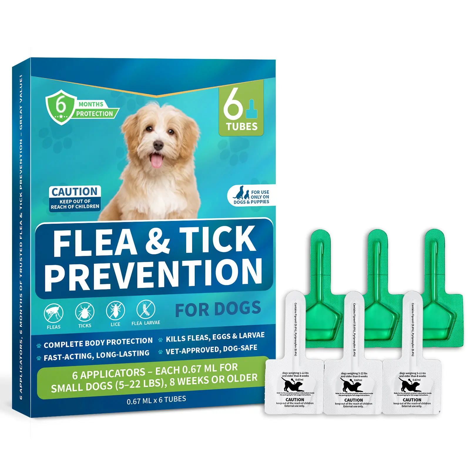 Woyamay Liquid Flea & Tick Prevention for Small Dogs (Up to 22 lbs) - 6-Month Supply, Vet-Recommended Topical Fast-Acting Treatment Drops for Larvae, Includes Flea & Tick Sprays