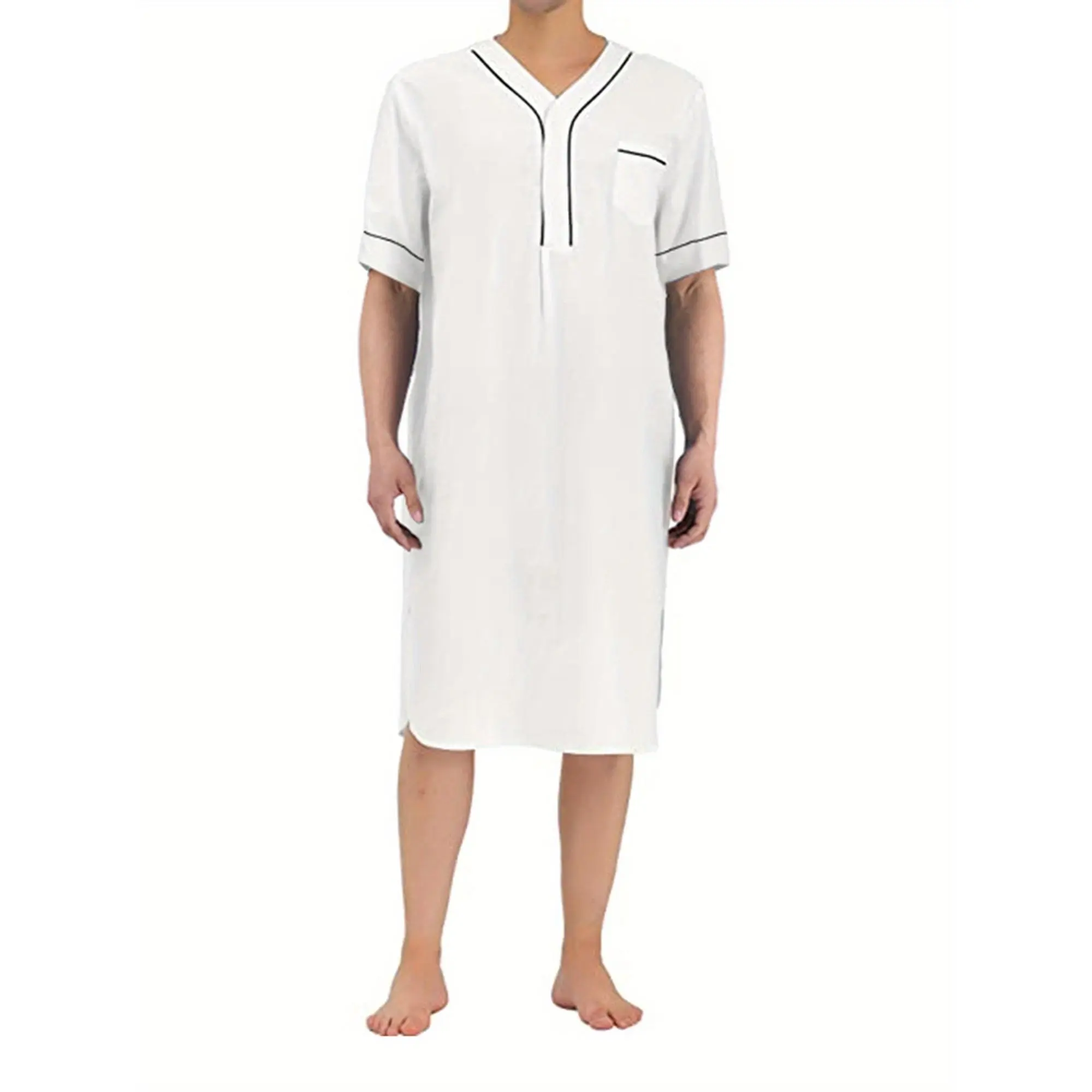 1pc Men'S Casual Polyester V-Neck Loose Fit Nightgown with Pockets - Solid Color Short Sleeve Sleepwear Kaftan Arabic Thobe - All Season Woven Top
