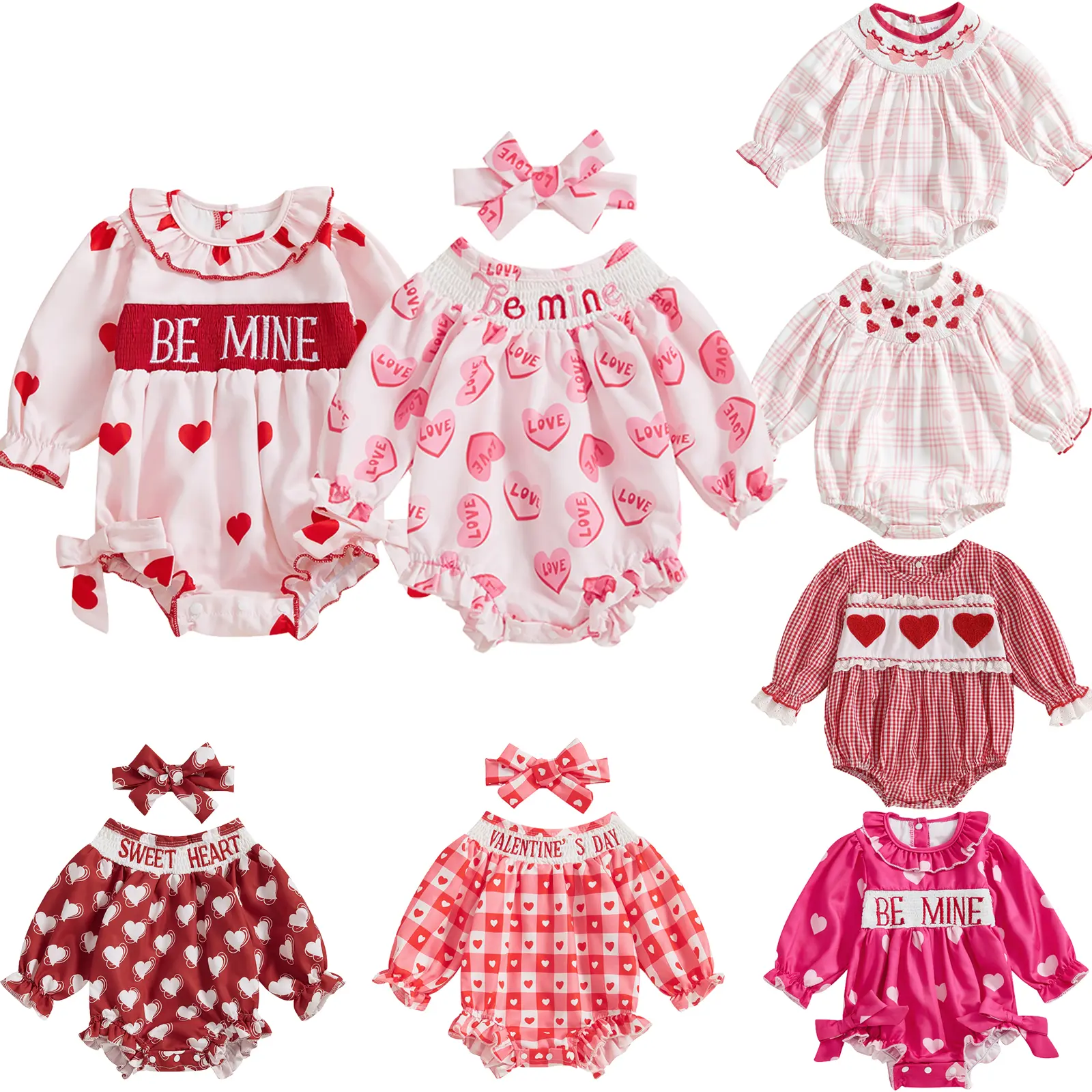My First Valentines Day Baby Girl Outfit Newborn Heart Smocked Bubble Romper Bodysuit Cute Infant Valentines Day Clothes