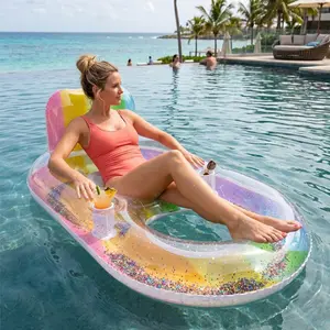 Colorful Glitter Rainbow Inflatable Pool Lounge Chair, Adult Water Float with Cup Holder, Backrest Transparent Inflatable Beach Party Bed