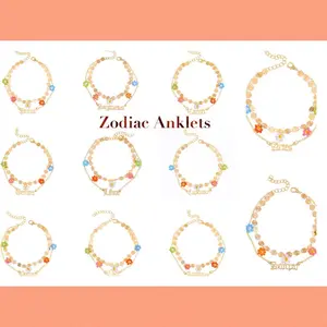 Zodiac Nameplate And Beaded Floral Anklet
