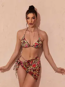 2026 New Women's 3-Piece Halter-Front Bikinis Set, Printed Triangle Tie-Side Bikini with Cover-Up Sarong Beach Skirt