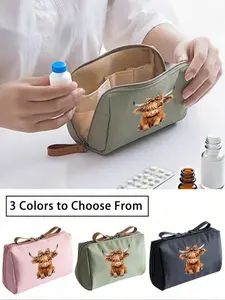 Portable Highland Cow Pattern Medicine Bag, Compact Pill Storage Pouch, Travel Essential Medical Accessory, Multifunctional Fabric Small Bag, Zipper Pouch