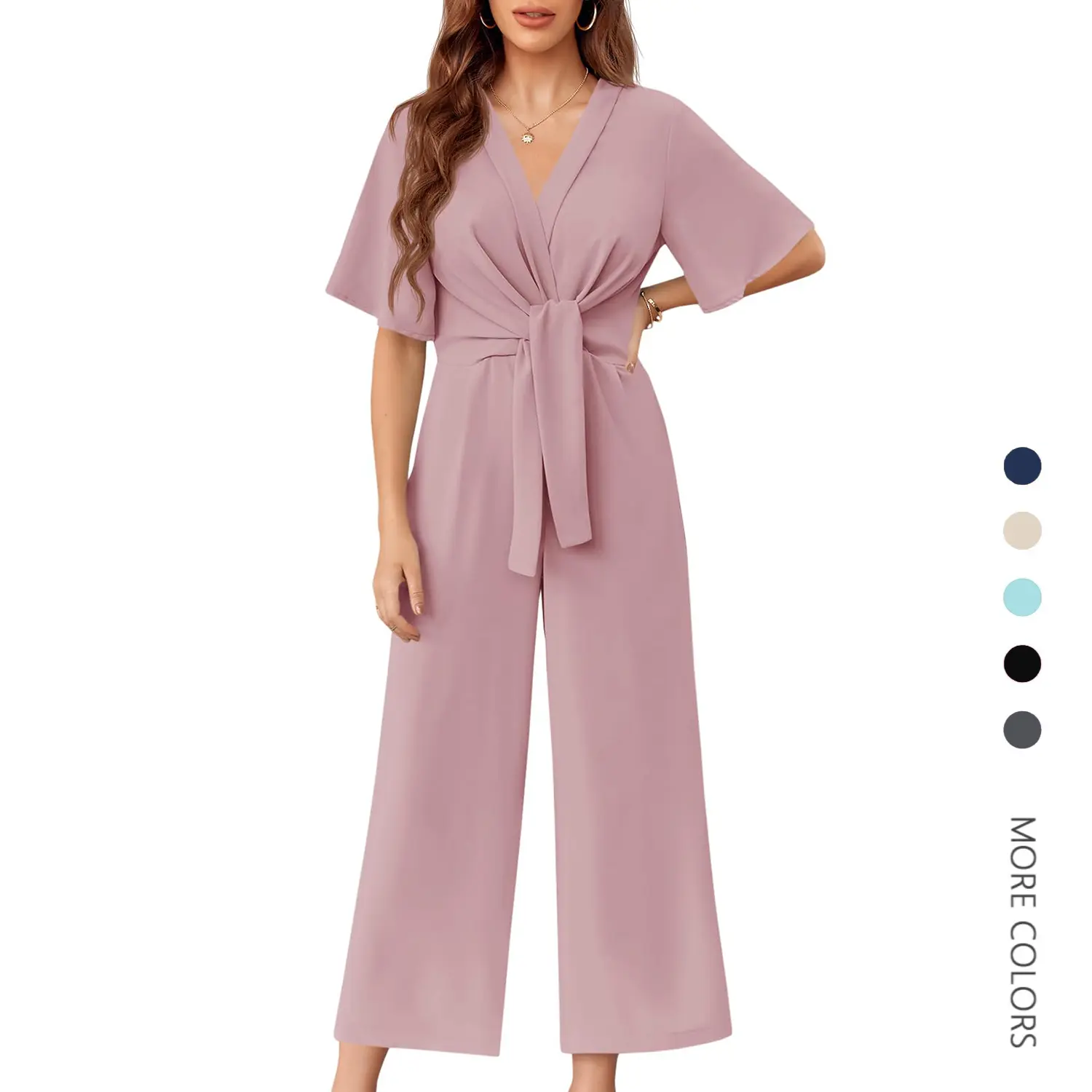 Danedvi Women's Short Sleeve Elegant Minimalist Chiffon Jumpsuit - Body Flattering Deep V Overalls with Tie Knot Front, Pleated Draped Design Wide Leg Pants, Zipper Closure, Summer Wear, Shortsleeve