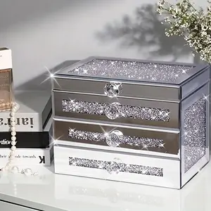 Bling Crushed Diamond Glass Mirrored Jewelry Box Women Jewelry Organizer Storage Box for Gift Dresser Organizer 3-Layer 2 Drawers Glass Jewerly Organizer with Lid,Necklace Ring Earring Storage Boxes,Silvery Crushed Diamond Home Decor, Jewelry Boxes