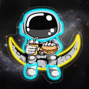 Adjustable USB Neon Sign, Astronaut Eating Cheeseburger Art, Moonlight Lamp Wall Decor for Home Bedroom Party Bar Theme Classroom Pizza Shop