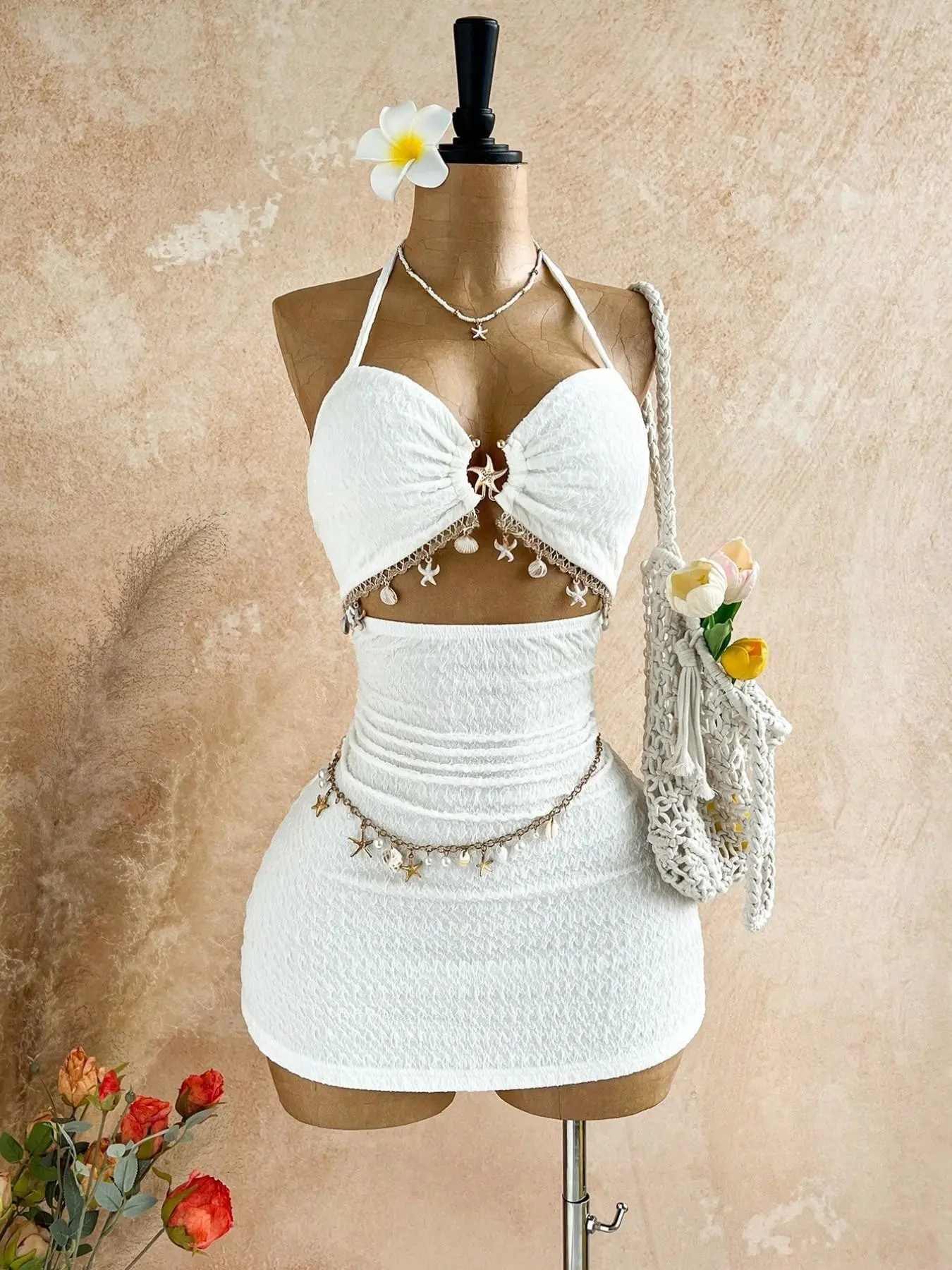 Women's Vacation Casual Elegant Chic Feminine Fitted Short Skirt & Hollow Out Bralette Set, Matching Sets, Metallic Metal Starfish Accessory, Beach, Seaside, Date Night, Holiday, Wedding Season, Elegant Aesthetic Set, Womenswear