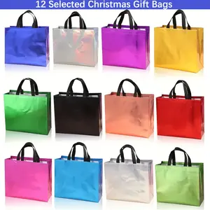 24 Mixed Color Large Gift Bags 12.99x11.02x5.12 Inches Reusable Holographic Non-woven Laser Bags for Birthday Party Christmas Wedding Supermarket Shopping Water-Resistant Foldable Tote