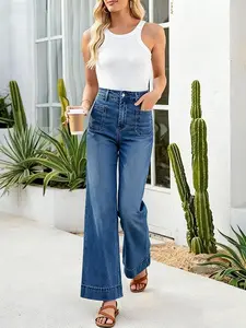 Sidefeel Women's Wide Leg Jeans High Waisted Tummy Control Stretchy Pockets Front Straight Leg Jeans for Comfort and Style disshtop