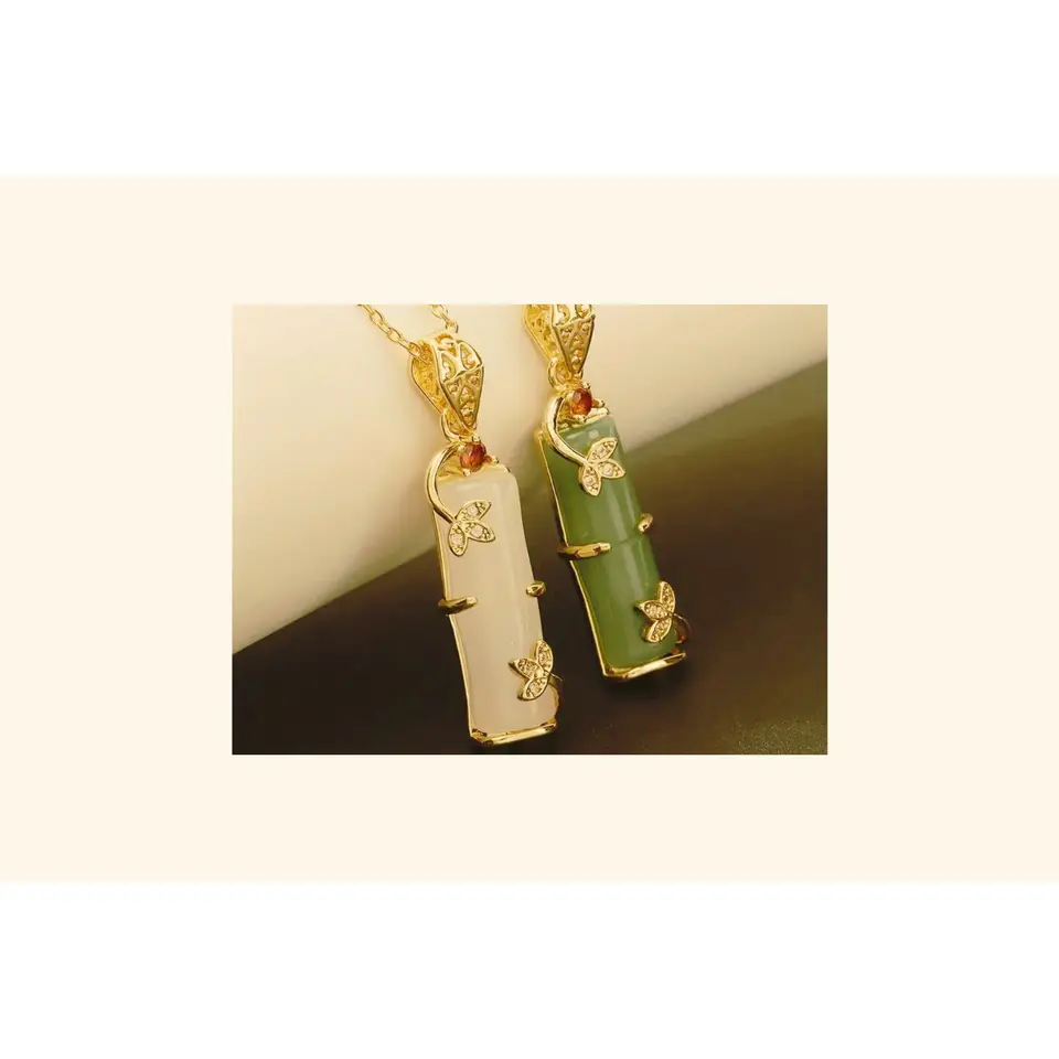 Luxurious Exquisite Natural Jade Carved Bamboo Pendant Necklace