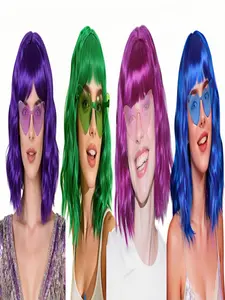 Women's Short Wavy Wig with Bangs, Bob Wig, 12 Inch Colored Wig, Synthetic Wig for Halloween Costume, Includes Sunglasses