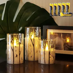 Birch Design Glass  Operated LED Candles with Timer, Flameless Pillar Candles Spring & Summer Decor- Include 6