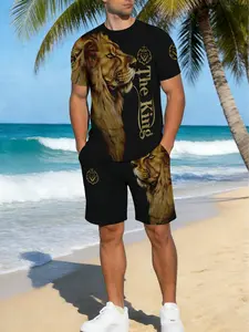 Men's Summer Lion Print Crew Neck Short Sleeve T-Shirt and Shorts Set, lightweight, quick-drying, breathable, perfect for outdoor fishing, cycling, running, or beach vacations
