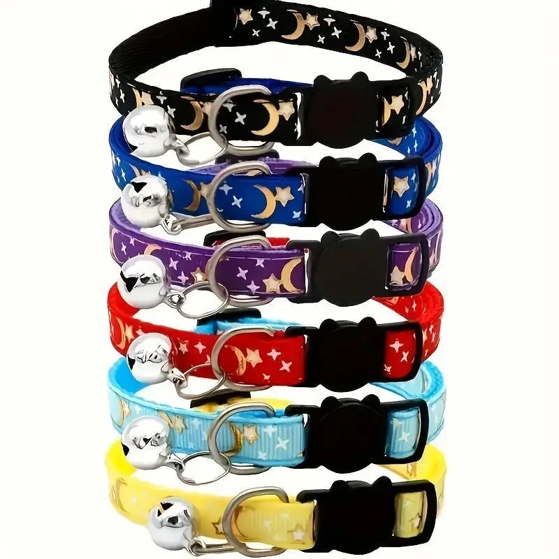 Adjustable Cat Collar with Bell, 6 Counts/set Cute Star & Moon Decor Cat Collar, Pet Supplies for Small Dogs & Cats, Cat and Dog Accessories, Christma