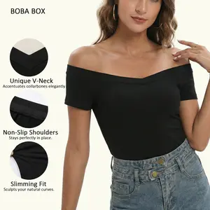 Women's Sexy Off Shoulder Tops V Neck Slim Fit Blouses Lightweight Casual Summer Shirts Basic Rayon Spandex Henley T