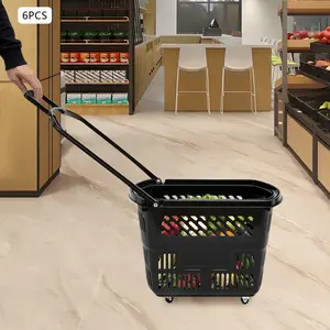 6 Pack Rolling Shopping Basket 9 Gallon With Wheels And Foldable Handle For Store Storage