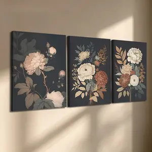 3 Pcs/Set Wooden-Framed Canvas Painting, Dark Floral Peony Triptych Canvas Wall Art, Vintage Botanical Print for Living Room, Bedroom, Office Decoration, Modern Home Decor, Fashion Artistic Ornaments, Artwork