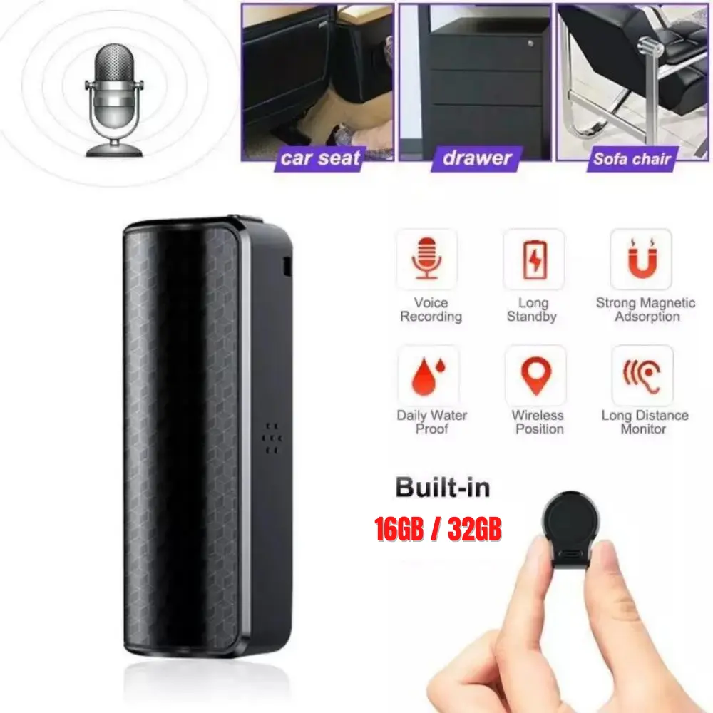 Mini Hidden Magnetic Rechargeable Spy Voice Recorder - 16/32GB Digital Device with Built-in 3800mAh Battery, 65 mm Design, 8 Hours Playback, Button Control, Stereo Audio, Voice Activated, Noise-Reducing Recording, Handy Car Seat Mount Compatibility