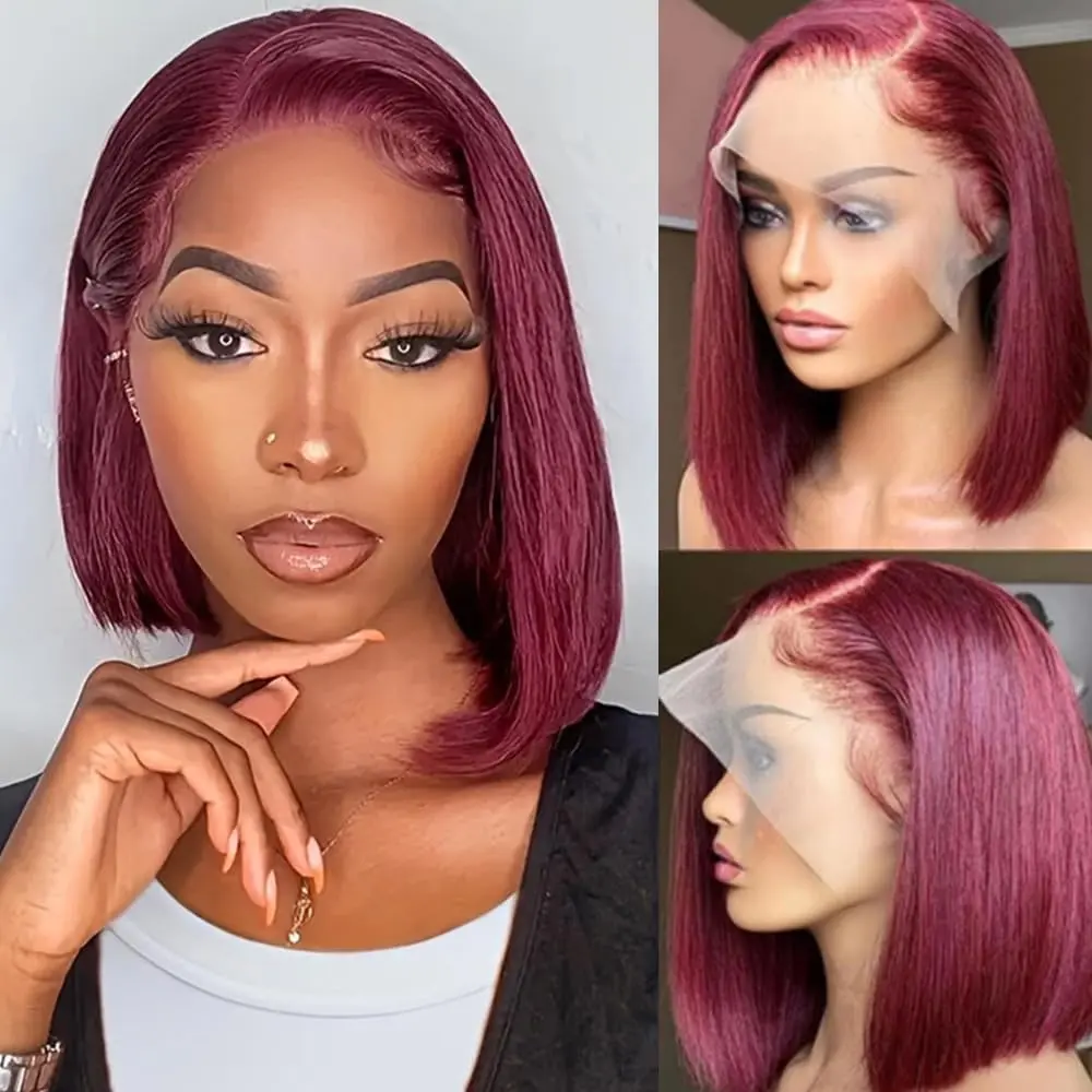 Encharm 99J Bob Wig Human Hair 13x4 Lace Frontal Short Straight Lace Front Bob Wigs for Black Women Human Hair Pre Plucked 180% Density Black Color