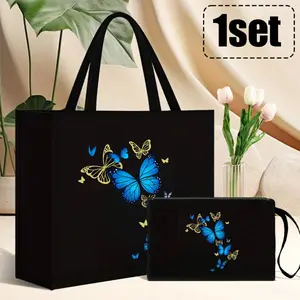 Fashion Handbag and Makeup Bag Set, Butterfly and Floral Print, Durable Strap, Foldable Design, Ideal for Shopping and Travel, Travel Cosmetic Bag