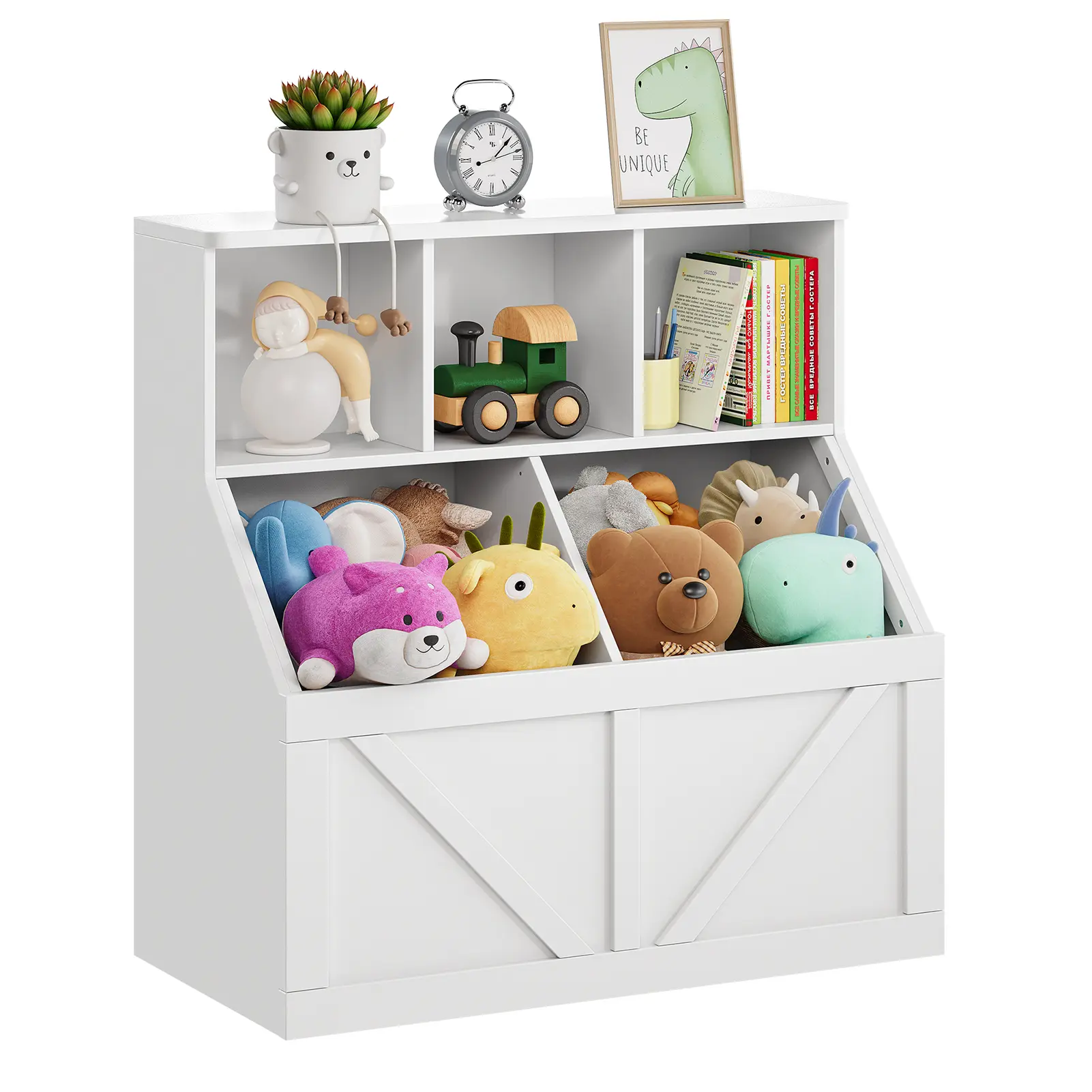 Children's Wooden Storage Unit with Book Display and Toy Bins, Sturdy and Safe for Playroom or Daycare, Multi Purpose Kid Furniture Easy to Build