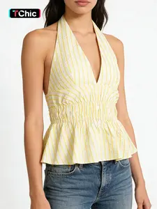 Striped Halter Backless Top Sexy Casual Elegant Sleeveless Deep V Neck Slim Flare Daily Outfit Women Summer Crop Top