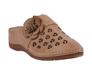 GC Shoes Women's Marisol Tan Flat Round Toe Slip-on Summer Floral Cutout Detailing Comfortable Insole Walking Shoes
