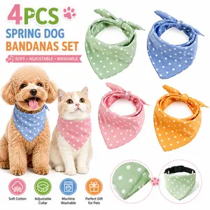 4PCS Spring Dog Bandanas Set, Cute Soft Cotton Puppy Cat Birthday Scarf with Adjustable Collar, Washable Daily Handkerchief for Small Medium Large Pets, Pink Green Blue Orange Gifts